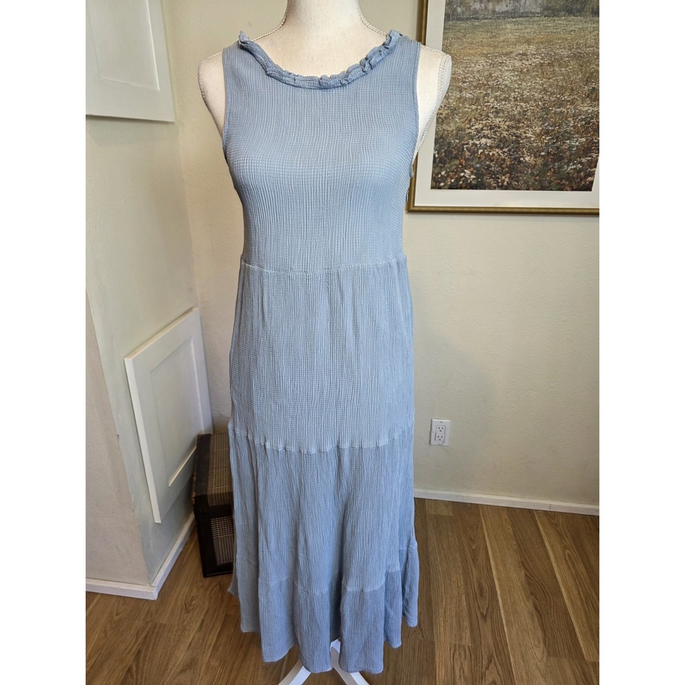 Sezane Blue Josia Silk Ruffle Dress Size 40 - 36103 Blue Sleeveless Midi US 8
